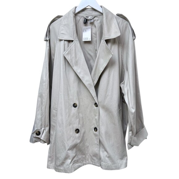 H&M Short Trench Coat XL Khaki Beige Cotton Womens Jacket Peacoat NWT - Picture 4 of 10